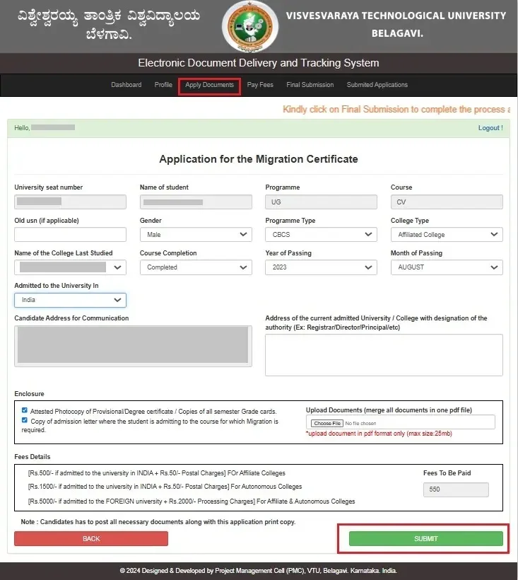 Applying-for-Documents-In-VTU-EDDTS-Portal